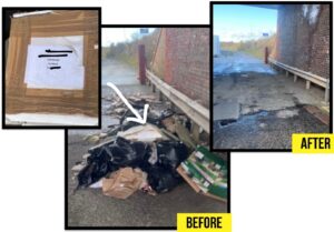 Picture is a collage of three photos. The before photo showing flytipped junk at the side of a road, including packaging with an address on it and the after photo showing a clear road with no junk. From the blog post "How do I know my junk won't be fly-tipped"